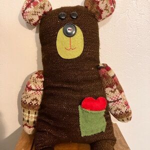 Handmade up cycled sweater bear pillow friend with heart in the pocket